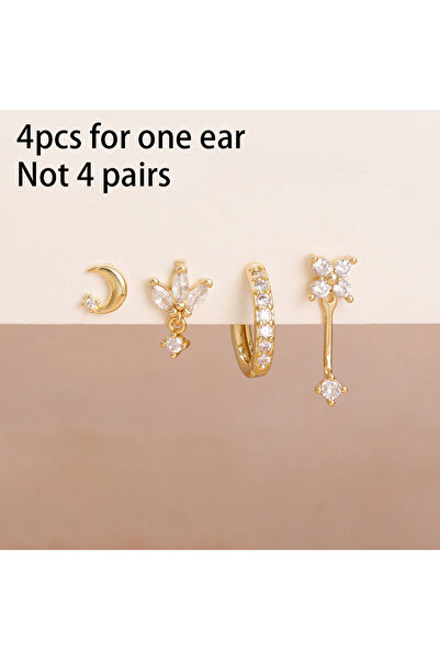 Choice gold-white-4PCS 4PCS Zircon Star Moon Flower Small Hoop Earrings Ear S...