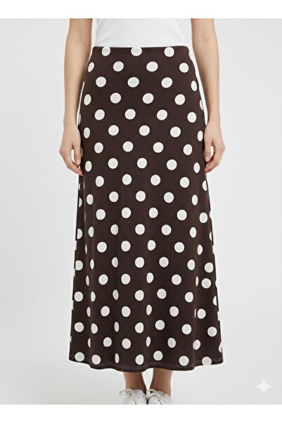 Green'DAL Kadın Puantiyeli Midi Boy Yüksek Bel Günlük Şık Etek