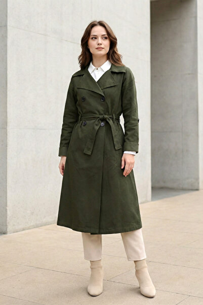 Kirazgym Women's Folded Sleeve Buttoned Belted Araboy Trench Coat - Khaki