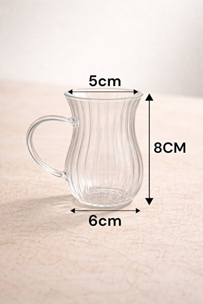 Kitchen Way Set of 8 200 ml Borosilicate Glass Cups with Handles and Line Patterned Diamond Glass, Heat Resistant Transparent Kw-728