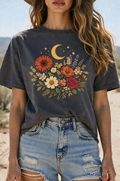 BW Bravely Wear تيشيرت نسائي أساسي برقبة دائرية مطبوع عليه الورد والبابونج