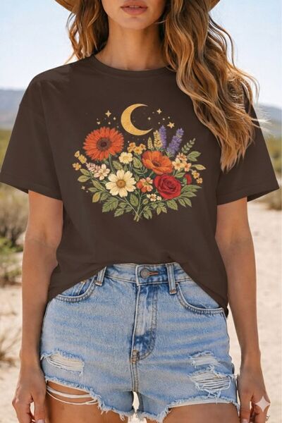 BW Bravely Wear Γυναικείο μπλουζάκι με στάμπα τριαντάφυλλο και χαμομήλι, βασι...