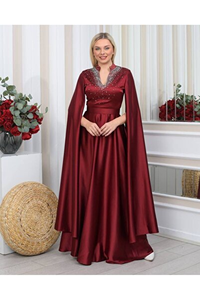 Diazz Fashion Pelerin Kollu V Yaka Kristal Taş İşlemeli Saten Abiye Elbise