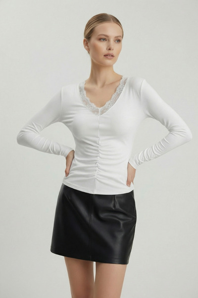 DIANNA Women's V-Neck Lace Front Gathered Blouse