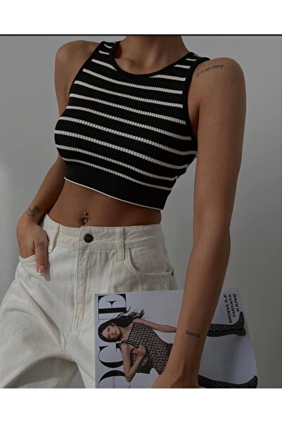 MAESTRO WOMAN Kadın Siyah Beyaz Çizgili Triko Crop