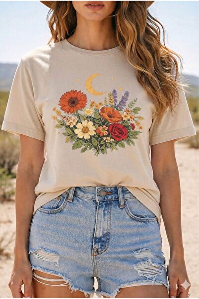 BW Bravely Wear تيشيرت نسائي أساسي برقبة دائرية مطبوع عليه الورد والبابونج