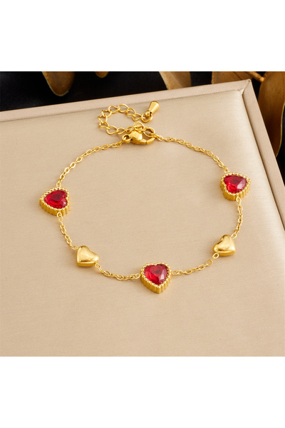 Choice B1775 Stainless Steel Golden Love Red Crystal Inlay Heart Pendant Brac...