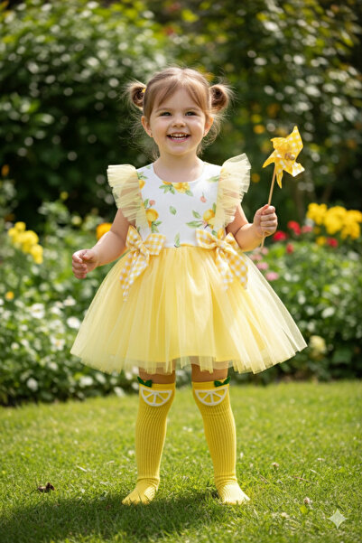 kokosh _ kidss burcu sapmaz Girl's Lemon Patterned Tulle Dress and Lemon Sock...
