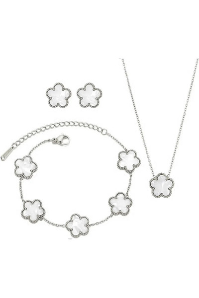 Choice طقم مجوهرات فضي أبيض بتصميم زهرة البرسيم للنساء، مصنوع من الفولاذ المق...