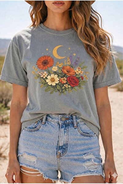 BW Bravely Wear تيشيرت نسائي أساسي برقبة دائرية مطبوع عليه الورد والبابونج