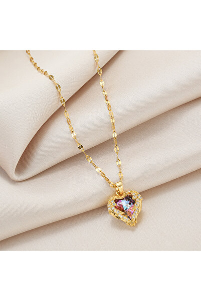 Choice N1264 DIEYURO 316L Stainless Steel Beautiful Love Heart Amethyst Gold ...