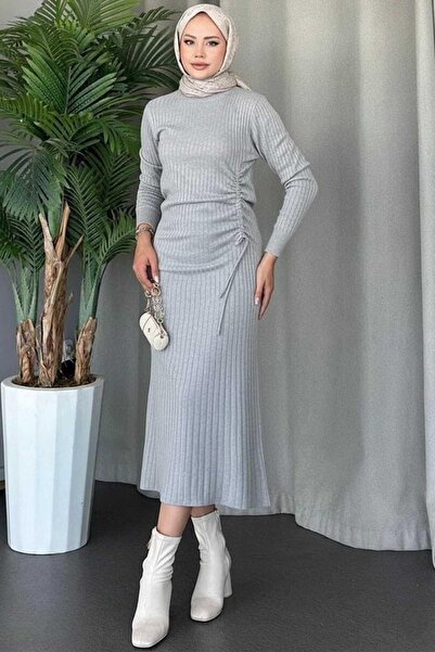 Tesettür Diyarı Side ruched knit hijab dress - light grey