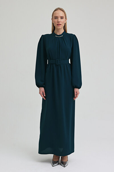 VAVİNOR Yakası Taşlı Kemerli Elbise - Petrol