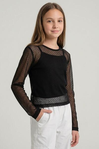 Dmb طقم بلوزة شبكية مزدوجة للفتيات من 9 إلى 14 سنة باللون الأسود
