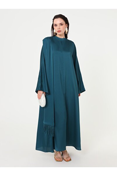Refka Satin Hijab Dress with Tassel Shawl - Green -