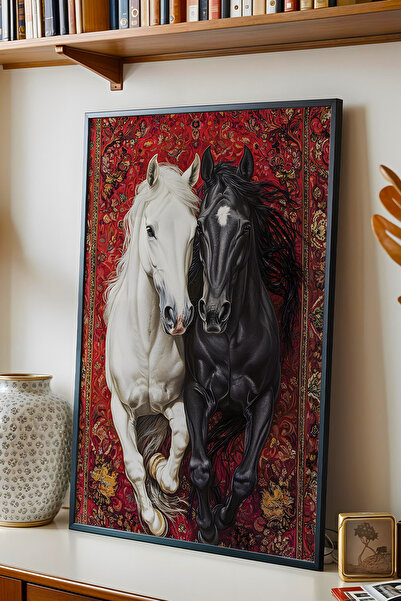 e2nova Siyah Beyaz At ve Kilim Desenli Çerçeveli Tablo - Ramazan Özel Seri Ge...