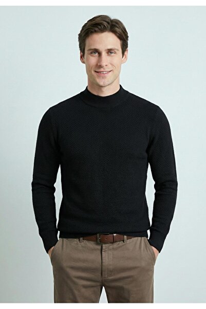 Felix Hardy Men's Goose Feet Patterned Knitwear Half-Roll Neck Sweater - Black