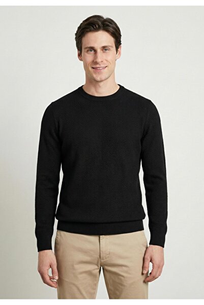 Felix Hardy Men's Goose Feet Patterned Knitwear Crew Neck Sweater - Black