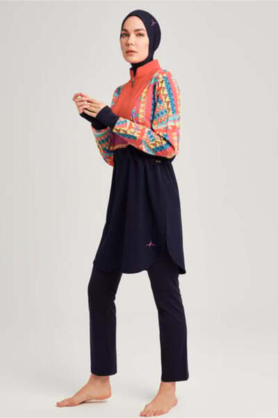 Haşema Anadolu Collection Patterned Navy Blue Jelly 5 Piece Hijab Swimsuit Set