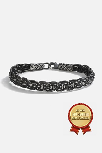 MEKS JEWELS 925 Ayar Gümüş Kazaz El İşi Siyah Oksitli Kalın Örme Erkek Bileklik