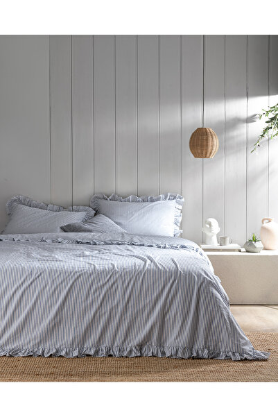 Madame Coco Verona King Size Ruffled Yarn Dyed Washable Duvet Cover Set - Whi...