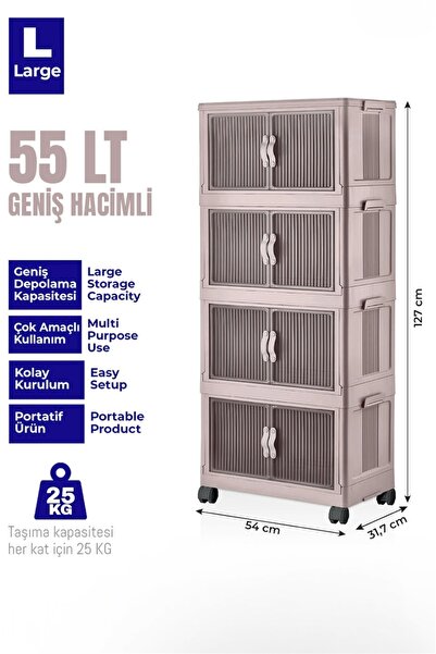 Bayev Pembe 4'lü Portatif Katlanabilir Dolap 3003 - Tekerlekli Dolap Çok Amaç...