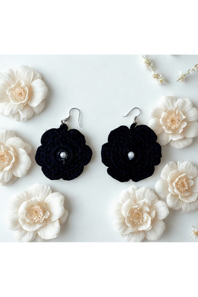 DANTEL-Design EL ÖRGÜSÜ SİYAH RENK PAPATYA MODEL KÜPE