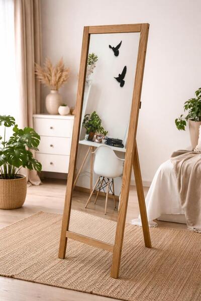 MAVİ TREND Natürel Ahşap Ayaklı Boy Aynası 145x40cm