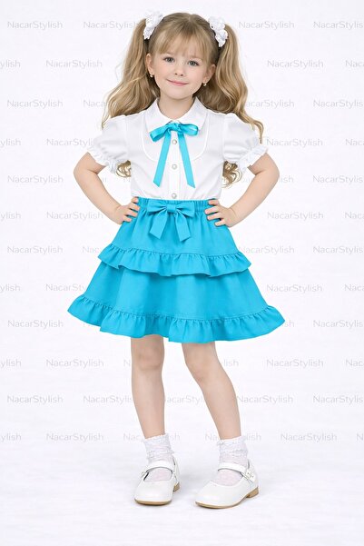 Nacar Kız Çocuk 23 Nisan 29 Ekim Fırfır Etek&Biye ve Fiyonk Detaylı Gömlek Al...