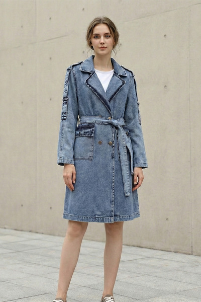 Kirazgym Women's Buttoned Denim Trench Coat with Pockets and Belt - Ice Blue