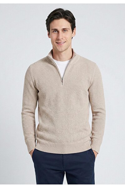 Felix Hardy Men's Goose Feet Patterned Knitwear Half-Zip Sweater - Beige