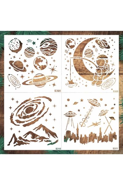 STENCİLTASARIM Stencil Tasarım S307 Uzay 25x25cm 4lü Stencil SET68, Ahşap, Du...