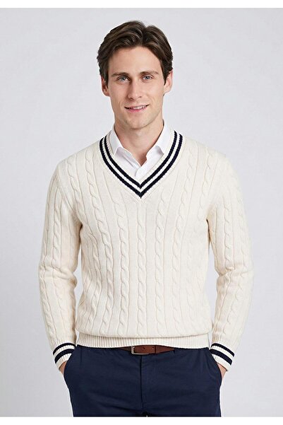 Felix Hardy V-Neck Hair Knit Patterned Stripe Detailed Sweater - Ecru