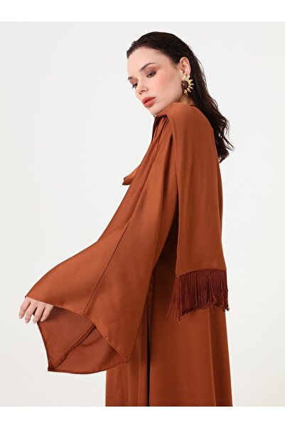 Refka Satin Fabric Tasseled Shawl Attached Hijab Dress - Camel -