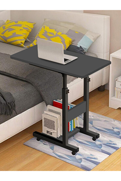 servetavcı Yükseklik Ayarlı Yatak Sehpası - Antrasit (TEKERLİ) 70x40 Oval Kenar