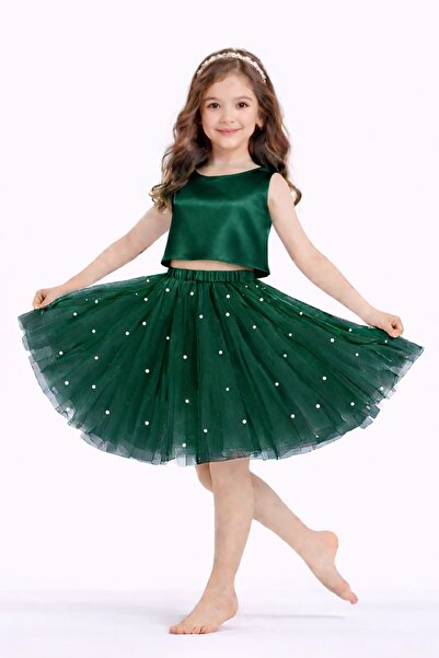 SUNEH Kız Çocuk İnci Detaylı Zümrüt Yeşil Tütü Etek Doğum Günü Mezuniyet Part...