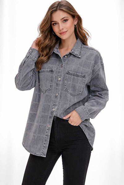 bubiee baby Women's Crystal Stone Detailed Casual Jean Shirt Tunic