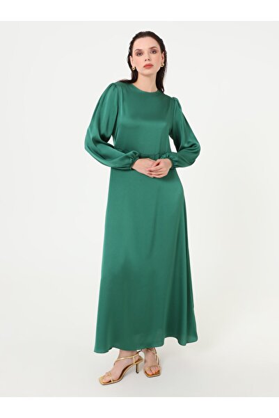 Refka Crew Neck Balloon Sleeve Satin Hijab Dress - Dark Green -