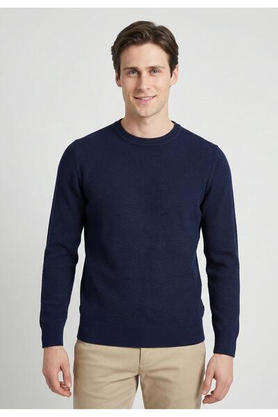 Felix Hardy Men's Goose Feet Patterned Knitwear Crew Neck Sweater - Navy Blue