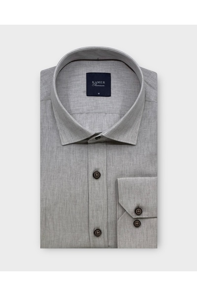 KAMER Regular Fit Long Sleeve Brit Collar Patterned Beige Shirt 4064E