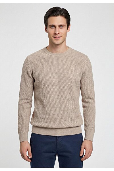 Felix Hardy Men's Goose Feet Patterned Knitwear Crew Neck Sweater - Beige