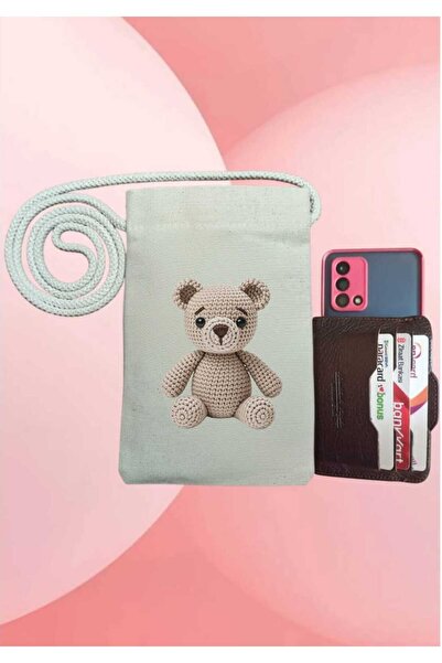 Malika AMİGURUMİ AYICIK BASKILI TELEFON ÇANTASI, Bez Çanta, Omuz Çantası, ,Ka...