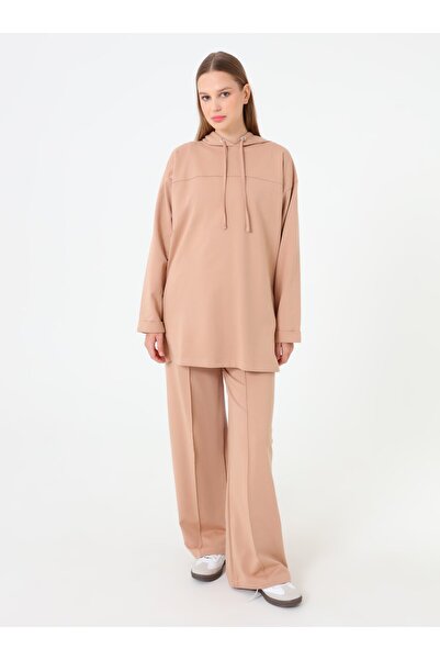 Benin طقم بدلة رياضية بقلنسوة وتفاصيل خياطة - كريمي غامق -