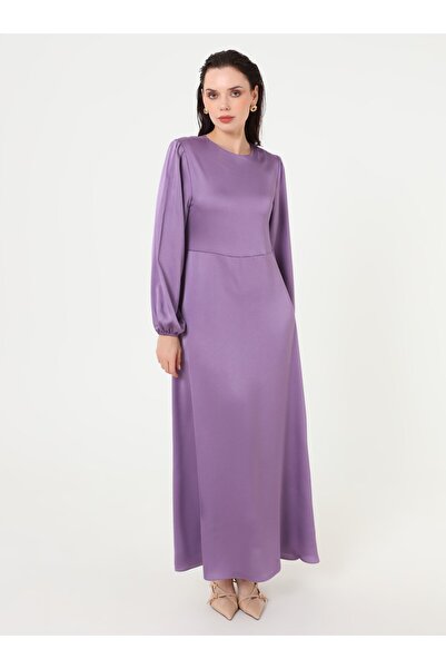 Refka Crew Neck Balloon Sleeve Satin Hijab Dress - Purple -
