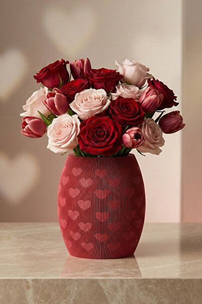 ENG.CO Kırmızı Kalp Detaylı Çizgili Dekoratif Vazo – Romantik Tasarım