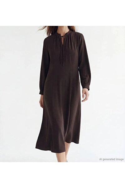 LC Waikiki فستان LCW Modest من الكريب المزموم باللون البني مع ياقة مربوطة