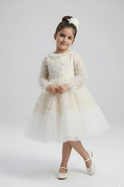 Mnk Baby&Kids Kız Çocuk İspanyol Kol Tül Detaylı Kabarık Etekli Özel Gün Düğü...