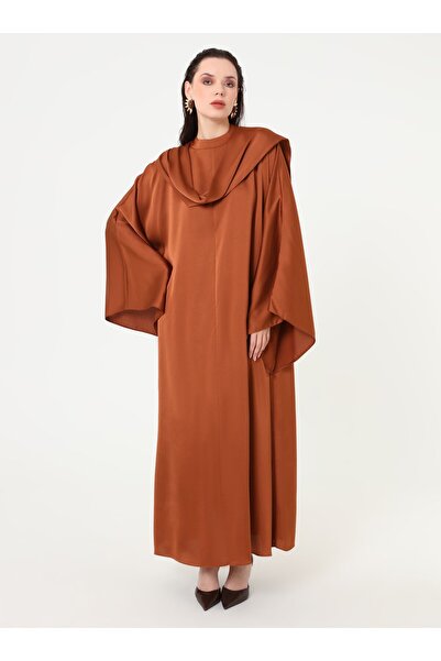 Refka Satin Hijab Dress with Tassel Shawl - Camel