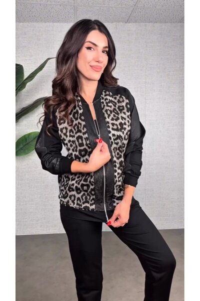 MODAVERA Women's Long Sleeve Front Zipper Leopard Print Viscose Two Thread Bl...