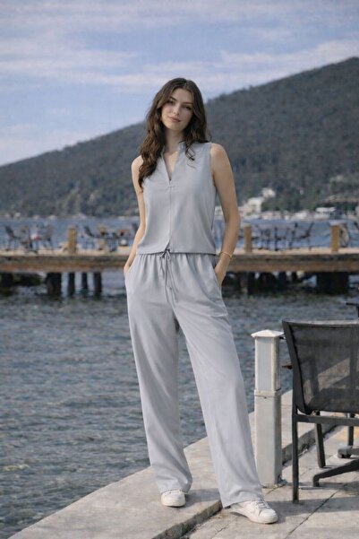 mor butik Women's Gray Linen Accessory Detailed Vest and Pants Set Sleeveless...